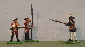 A Sergeant and private of the 47th Foot confront a private of the Compagnies franches de la marine.